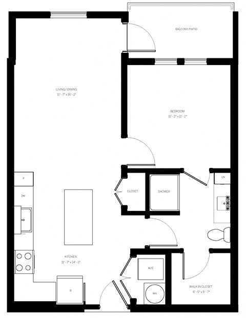 Floor plan for 1 bed, 1 bath, 712 sqft